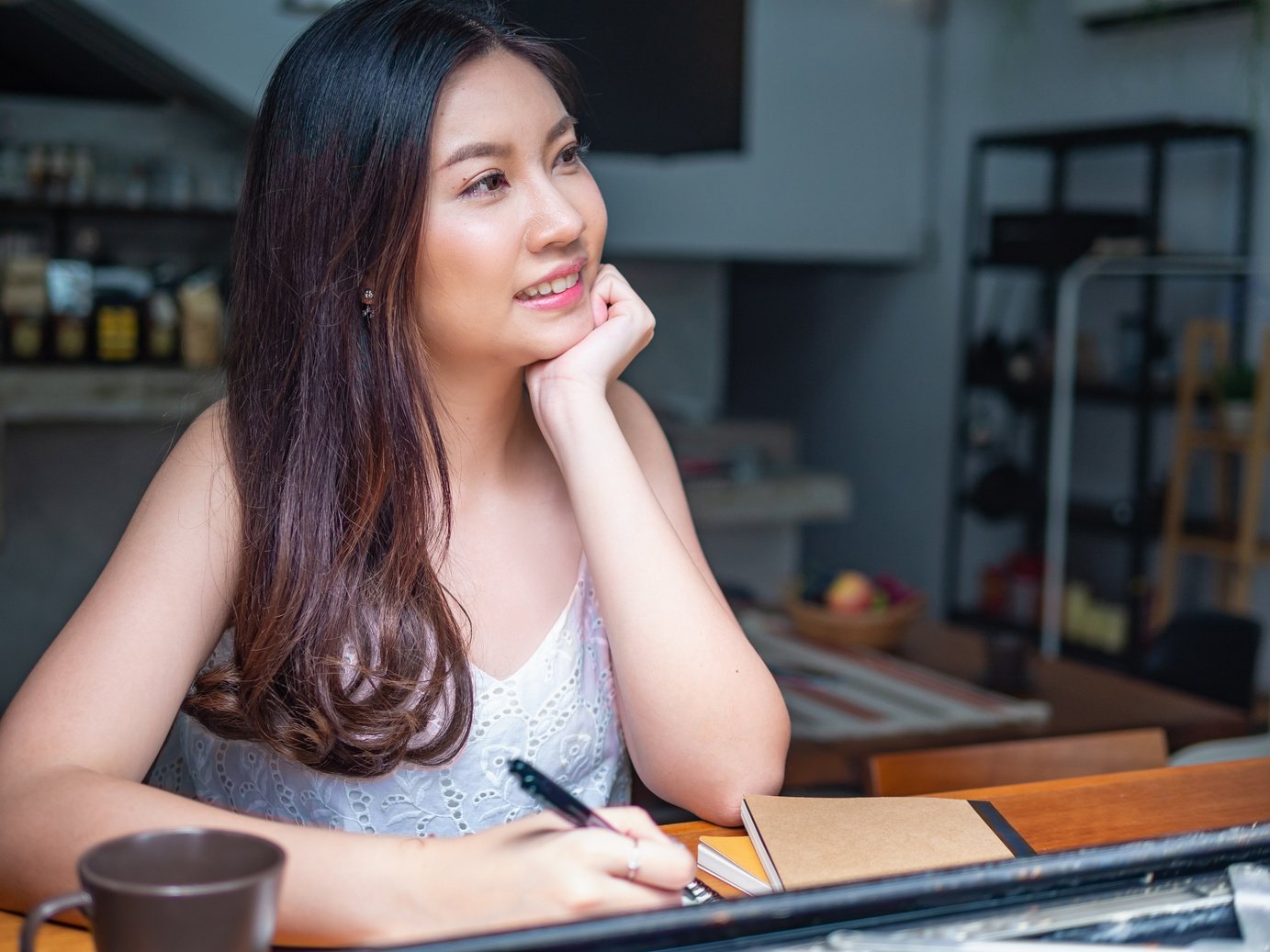 happy Asia Woman thinking